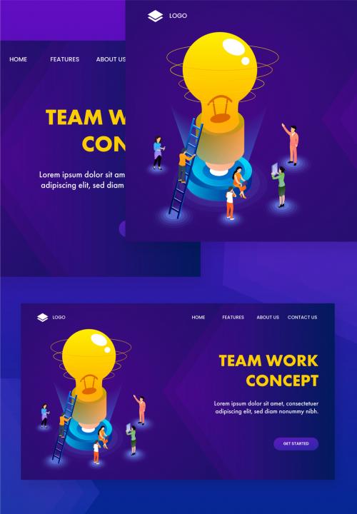 Responsive Landing Page Design, Business People Launching a Light Bulb for Teamwork Concept Based Isometric Design - 410487355