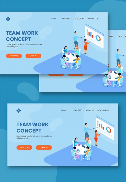 Team Work Concept Based Landing Page Design with Business People Meeting and Infographic Presentation in Workplace - 410487359