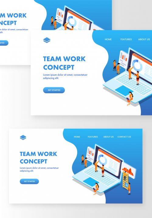 Team Work Concept Based Landing Page with Business People Maintaining Infographic Website in Isometric Laptop - 410487377