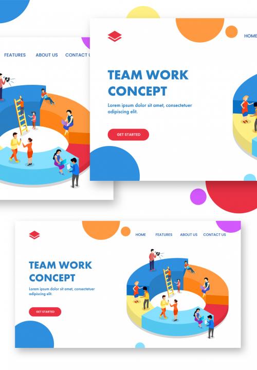 Teamwork Concept Based Landing Page Design with Business People Working Together on 3D Pie Chart - 410487398