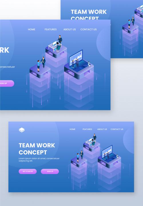 Teamwork Concept Based Landing Page with Business People Working Different Platform in Level Position - 410487406