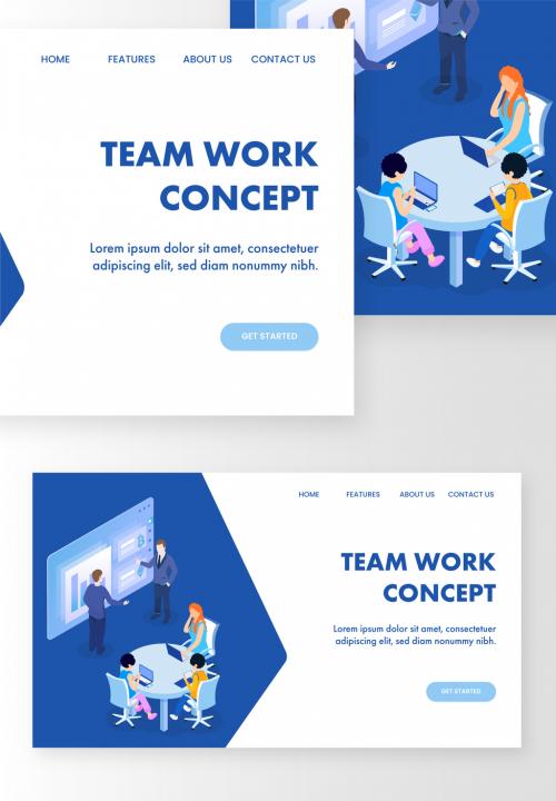 Team Work Concept Based Landing Page Design with Business People Meeting and Infographic Presentation - 410487408