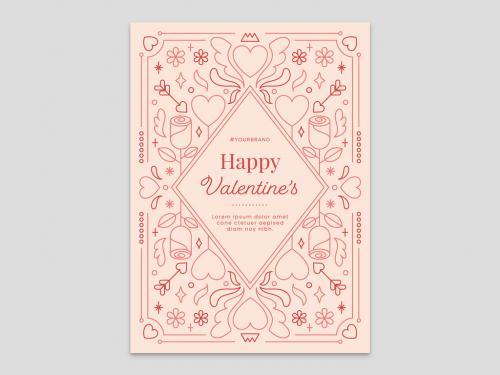 Peach Valentine's Day Card Flyer with Crown Heart Flower Rose and Cupid Arrow - 411030439