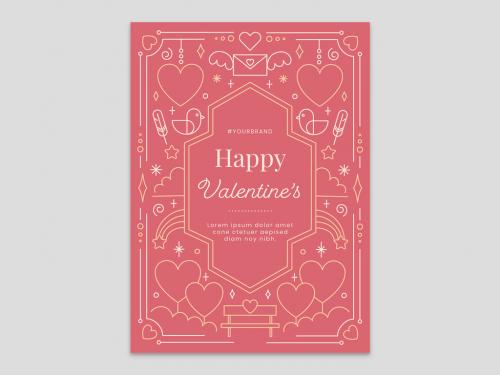 Pink Valentine's Day Card Flyer with Envelope Feather Shooting Star Bench Chair and Birds - 411030469