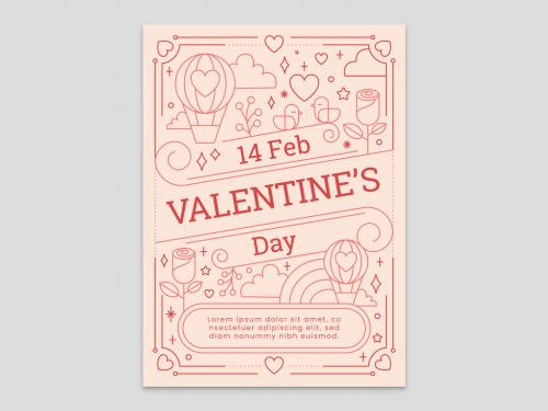Peach Valentine's Day Card Flyer with Balloon Bird Rose in the Sky and Heart - 411030470