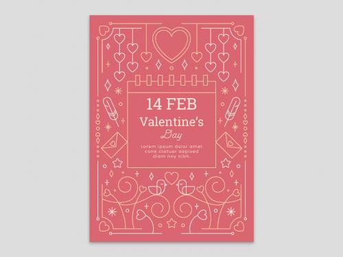 Pink Valentine's Day Card Flyer with Hearts Envelope Love Birds Feather and Calendar - 411030471