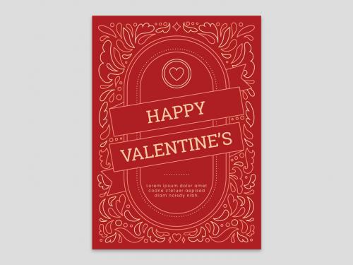 Red Valentine's Day Card Flyer Heart with Floral Pattern and Ribbon - 411030476