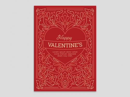 Red Valentine's Day Card Flyer Red Heart with Floral Pattern - 411030478