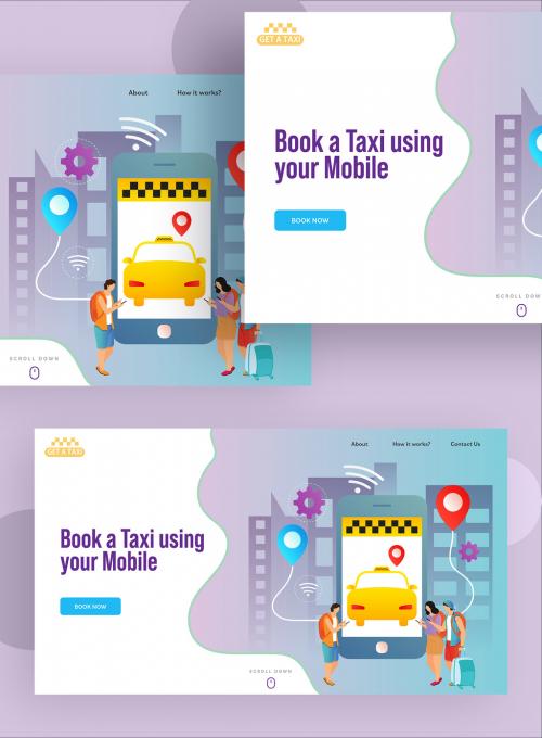 Isometric Illustration of People Booking a Cab Using Location App in Smartphone for Taxi Service Landing Page. - 411040570
