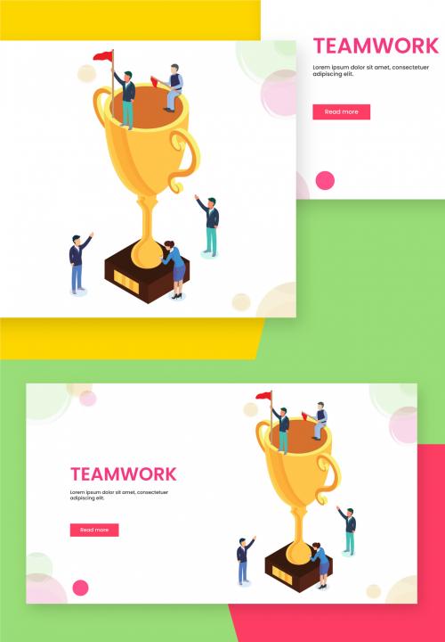 Isometric Design for Teamwork Concept Based Landing Page with Business People Cheering Colleague to Achieve the Goal. - 411040581