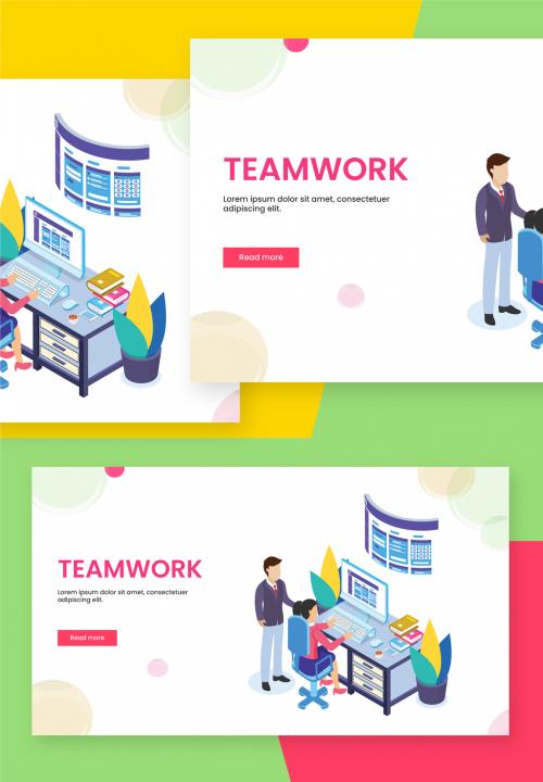 Isometric View of Business People Working Together at Workplace for Teamwork Concept Based Landing Page. - 411040583