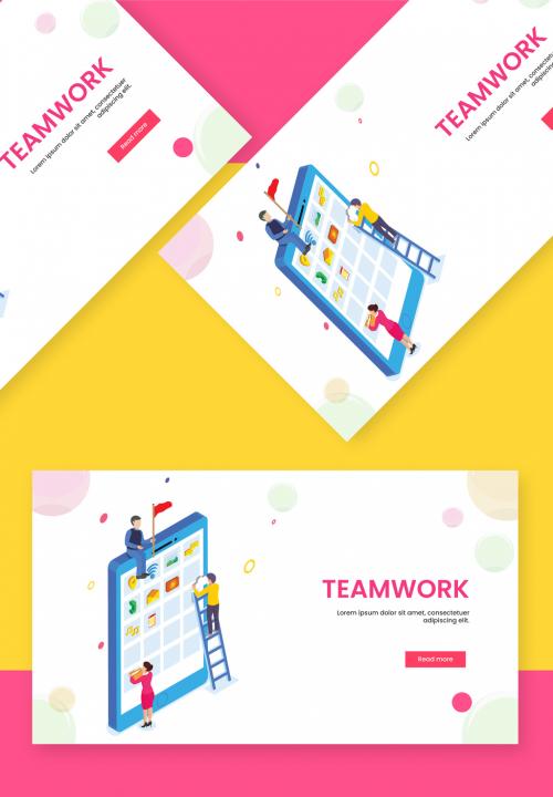 Isometric View of Business People Maintain Mobile Data Together for Teamwork Concept Based Landing Page. - 411040584