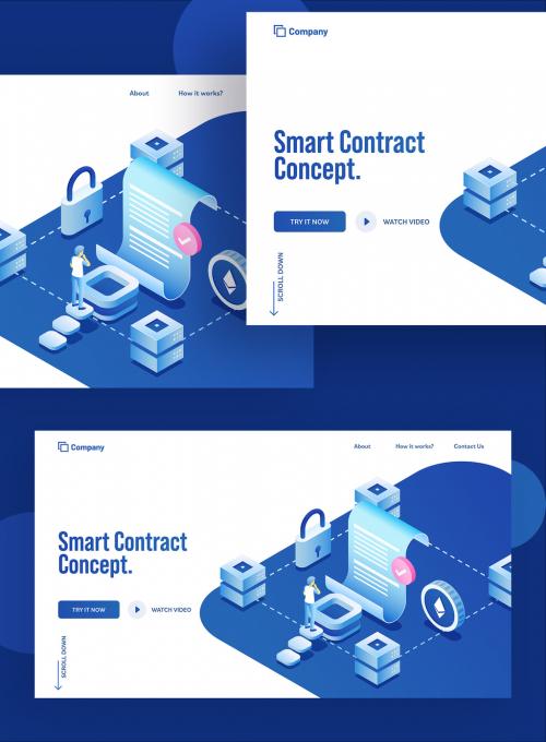 Landing Page Design with Business Man Approval Contract Paper All Round Servers and Security for Smart Contract Concept. - 411040593