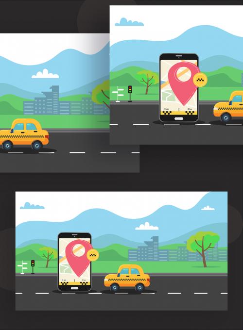 Responsive Landing Page Design with Location App in Smartphone and Taxi on Road for Taxi Service Concept. - 411040602