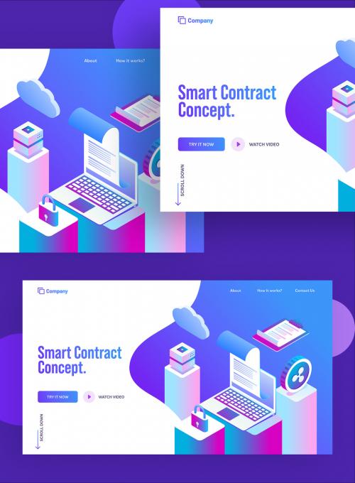 Smart Contract Concept Based Landing Page with Isometric View of Online E-Contract from Laptop and Data Security. - 411040605