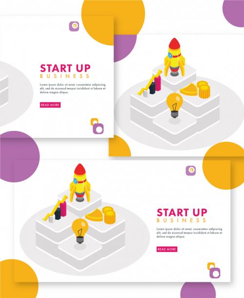 Start Up Business Concept Based Landing Page with Isometric Rocket, Light Bulb, Coins and Growing Graph in Level Position. - 411040616