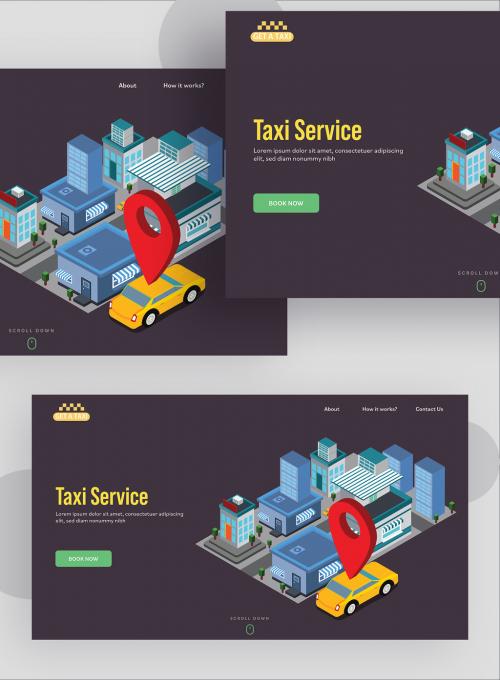 Taxi Service Concept Based Landing Page with Isometric City View and Location Tracking of Taxi on Purple Taupe Background. - 411040622