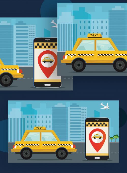 Taxi Location Tracking App in Smartphone with Urban View for Taxi Service Concept Based Landing Page. - 411040623