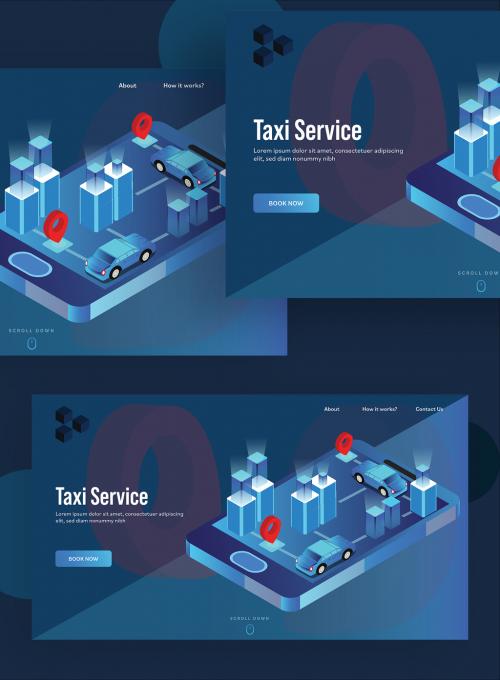 Taxi Service Landing Page Design with Isometric City View and Location Tracking of Taxi on Smartphone Screen. - 411040626