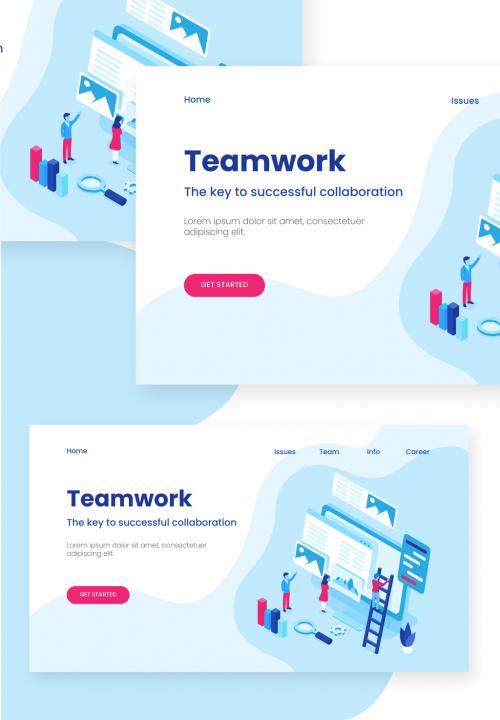 Teamwork Concept Based Landing Page with Business People Maintain Website Together in Desktop. - 411040643