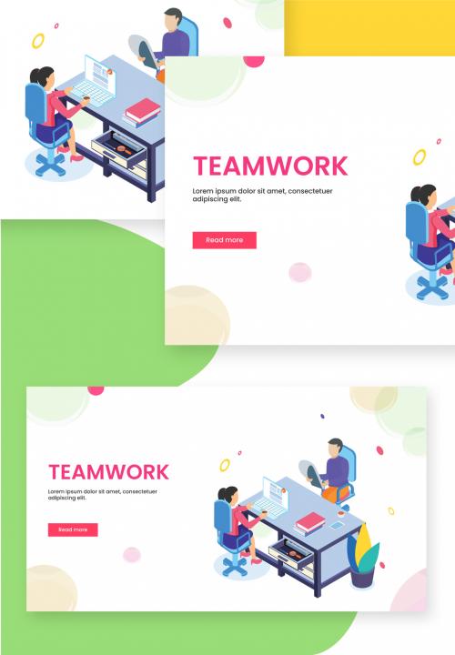 Teamwork Concept Based Landing Page with Isometric Illustration of Working Teammates - 411040646