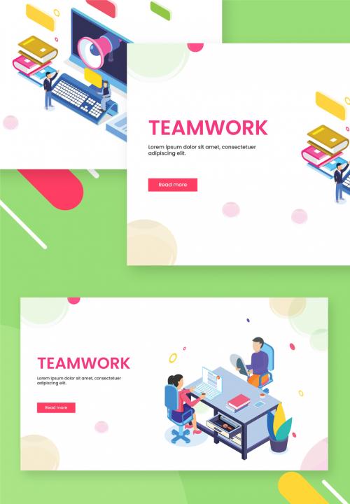 Teamwork Concept Based Landing Page with Online Advertising from Desktop and Business People Working Together. - 411040650