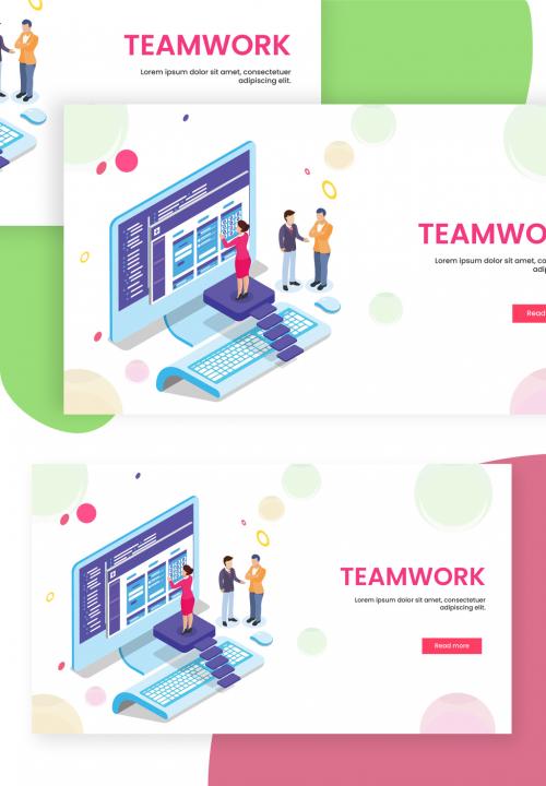 Teamwork Concept Based Landing Page with Business Woman Maintain Website in Desktop and Men Discussing - 411040659