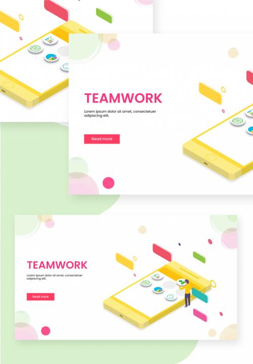 Teamwork Concept Based Landing Page with Isometric Illustration of Business People Maintain Mobile Data - 411040668