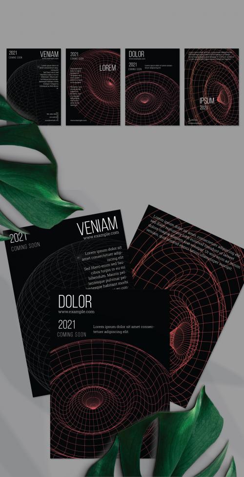 Flyer Layout with Geometric Wireframe Shapes on Black - 411069820