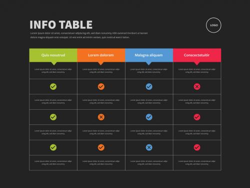 Infographic Table Layout with Bright Color Elements on a Dark Background - 412288971