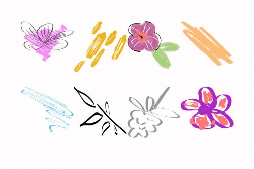 Set of Artistic Hand Drawn Fruit, Flowers, and Scribbles - 414765477