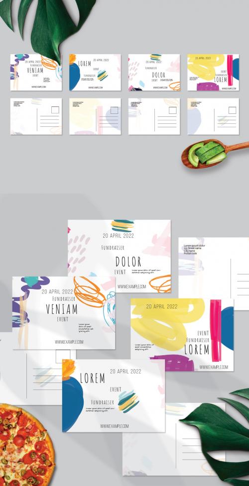 Postcard Layout with Bright Abstract Strokes for Universal Fundraiser Event - 414765544