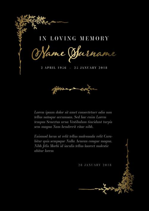 Black Funeral Notice Condolence Card Layout with Floral Golden Elements - 415234829