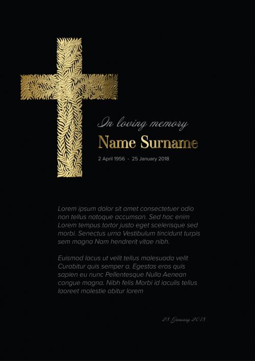 Black Funeral Notice Condolence Card Layout with Golden Cross - 415234839