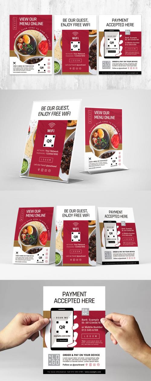 Red Qrcode Flyer Templates for Restaurant Menu Wifi and Payment  - 416126968