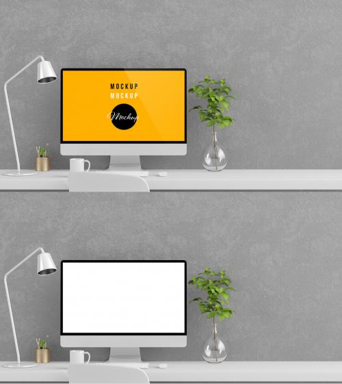 Computer Mockup on a Desk with a Grey Wall - 416131787