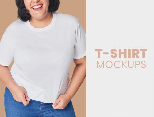 Plus Size Model Wearing White Tee Mockup - 416361803