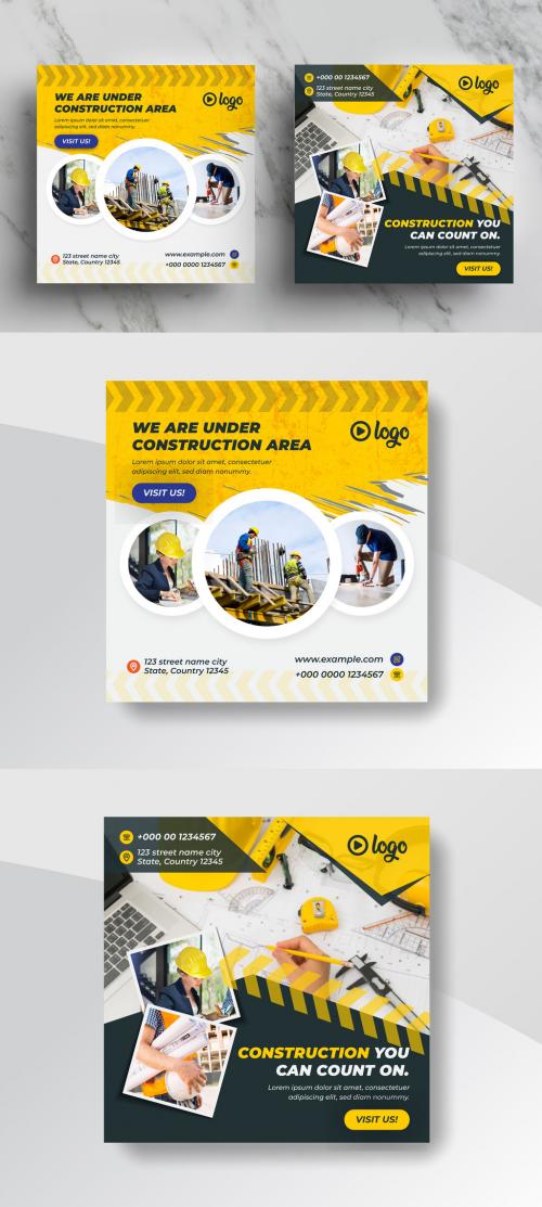 Construction Social Media Banner Template Pack with Yellow Accents - 416795042