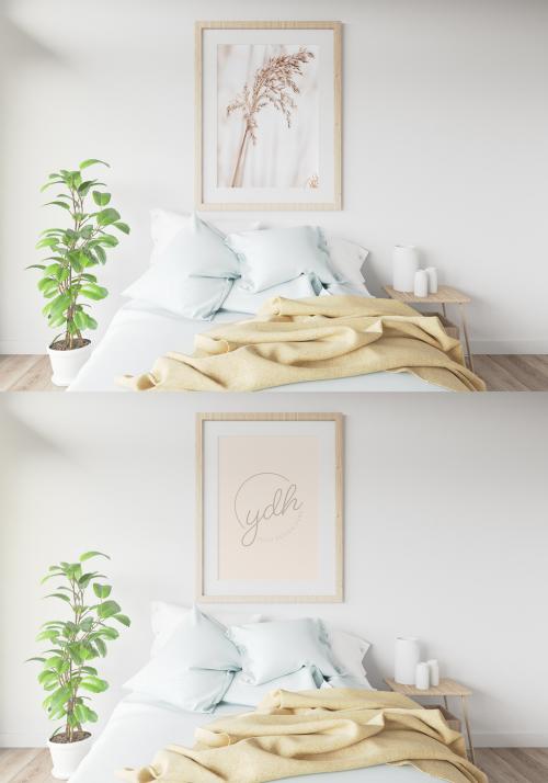 Blank Wood Frame Mockup in a Room with a Bed - 417427833