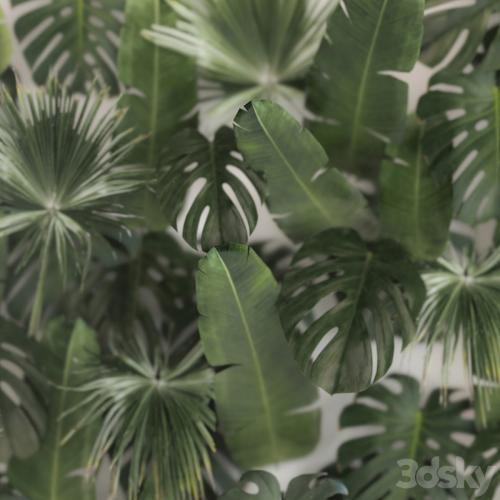 Phytowall and phytobox made of banana palm branches and fan palm leaves in a niche behind a translucent stack. Bouquet 287.