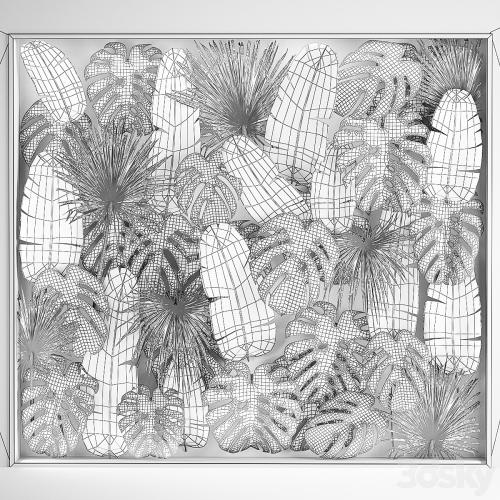 Phytowall and phytobox made of banana palm branches and fan palm leaves in a niche behind a translucent stack. Bouquet 287.