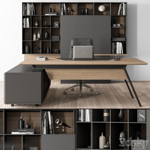 Manager Desk and Library Wood and Black - Office Furniture 266