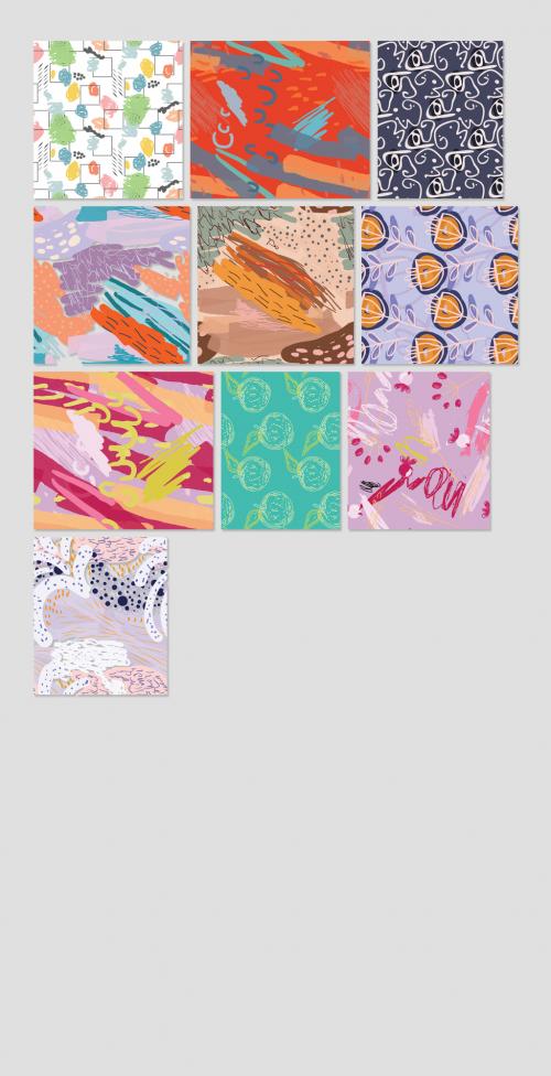 Seamless Pattern Collection with Hand Drawn Rough Abstract Strokes and Floral Elements - 417901729