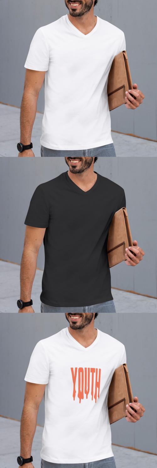 Person Wearing Casual White T-Shirt Mockup - 418416421