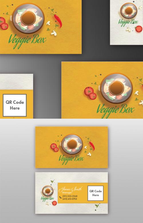 Front and Back View of Business Cards with Crockpot or Veggie Box. - 419946548