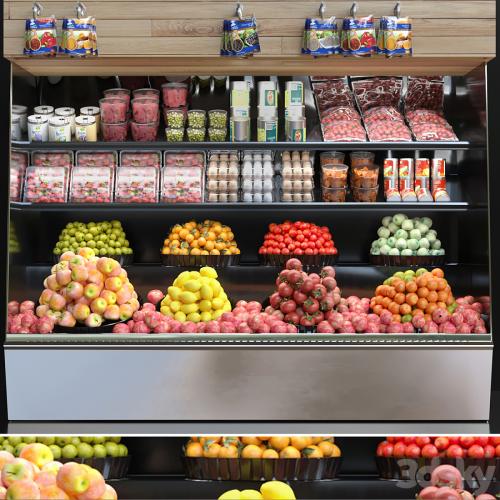 Showcase in a supermarket with fruits and vegetables. Fruits and vegetables