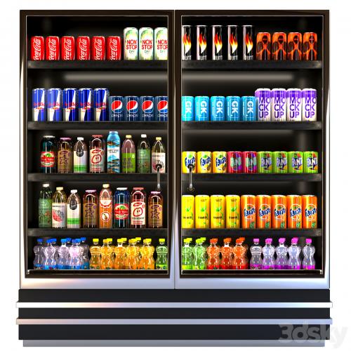 Showcase in a supermarket with lemonades, juices and energy drinks 8