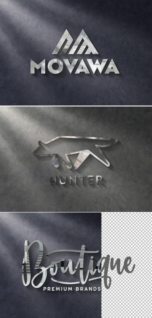 Logo Sign Mockup on Dark Wall with Reflective 3D Metal Effect - 420824929