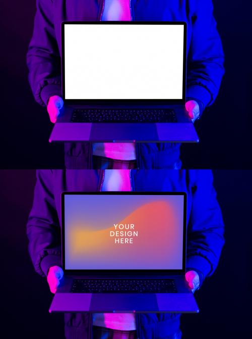 Man Showing Laptop Screen Mockup - 420847129