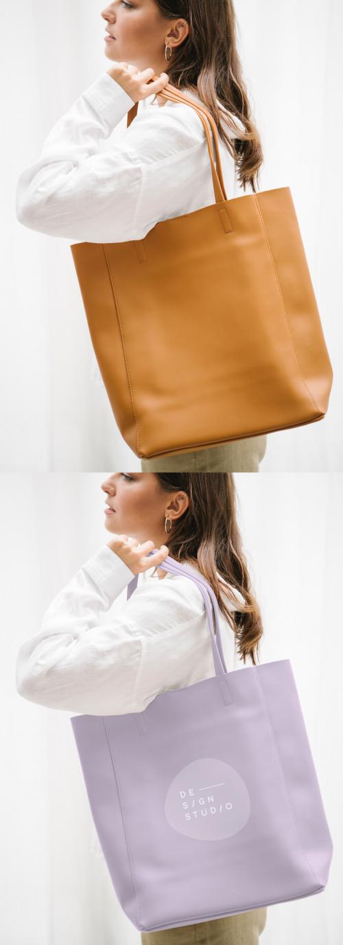 Woman Carrying Brown Handbag Mockup - 420849135